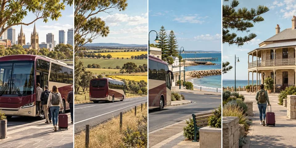 Four-part promotional illustration of a coach journey from Adelaide through regional South Australia to a coastal town