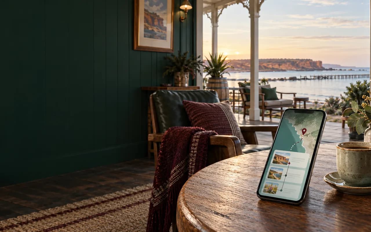 Promotional coastal hospitality illustration with an unbranded local guide interface