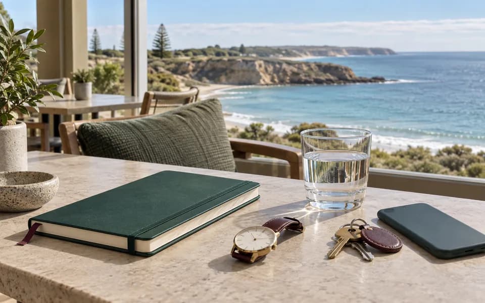 Notebook, watch, keys and water on a coastal table representing planned limits